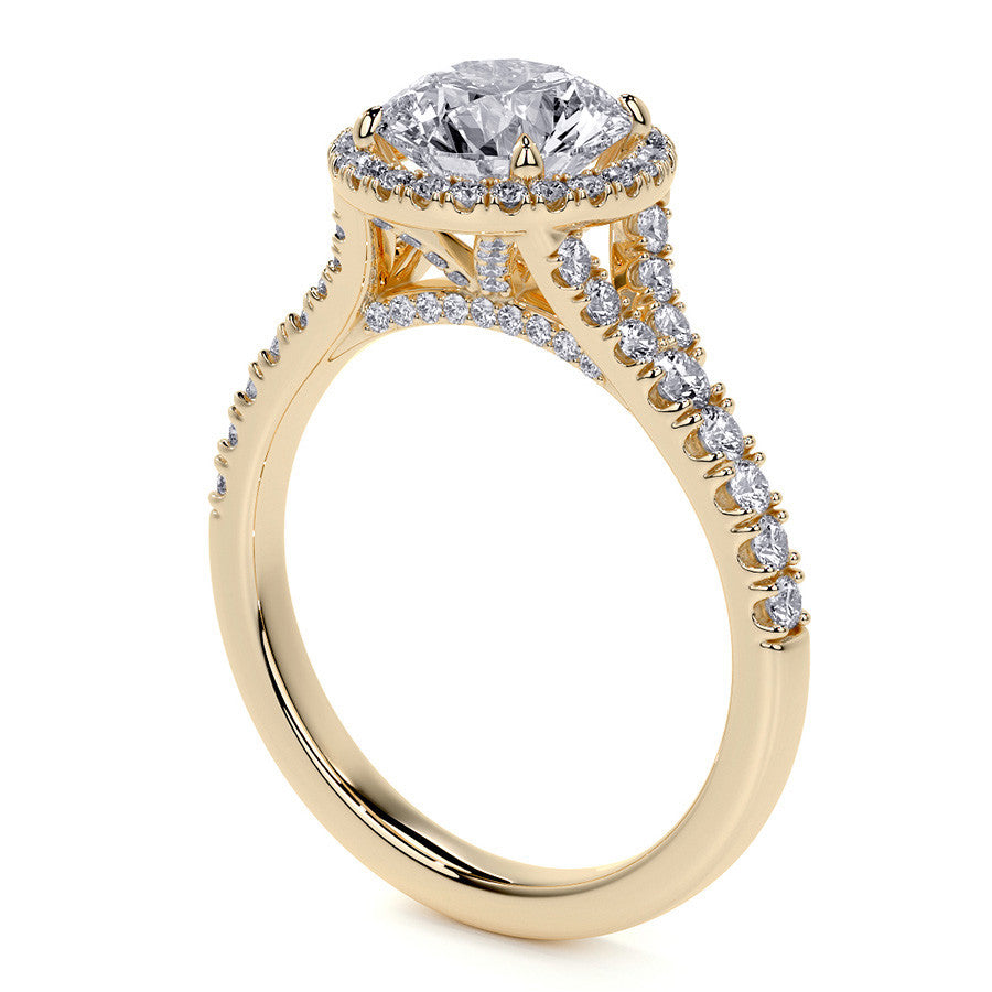 Round Brilliant Moissanite Split Shank Halo Engagement Ring