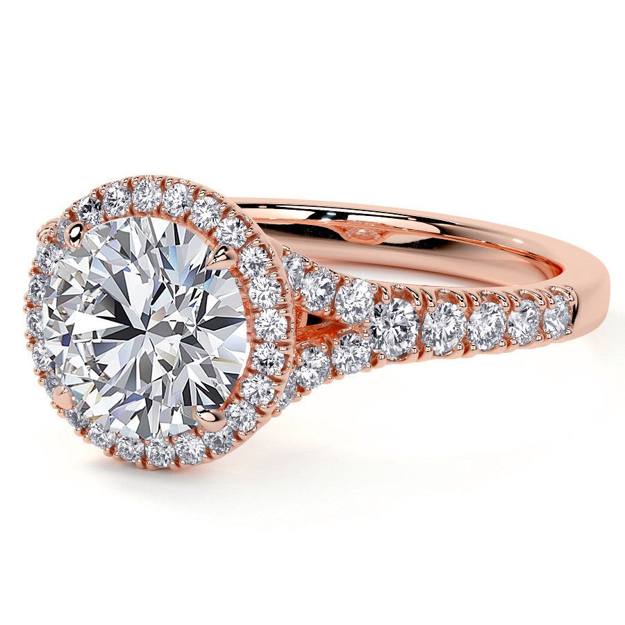 Round Brilliant Moissanite Split Shank Halo Engagement Ring