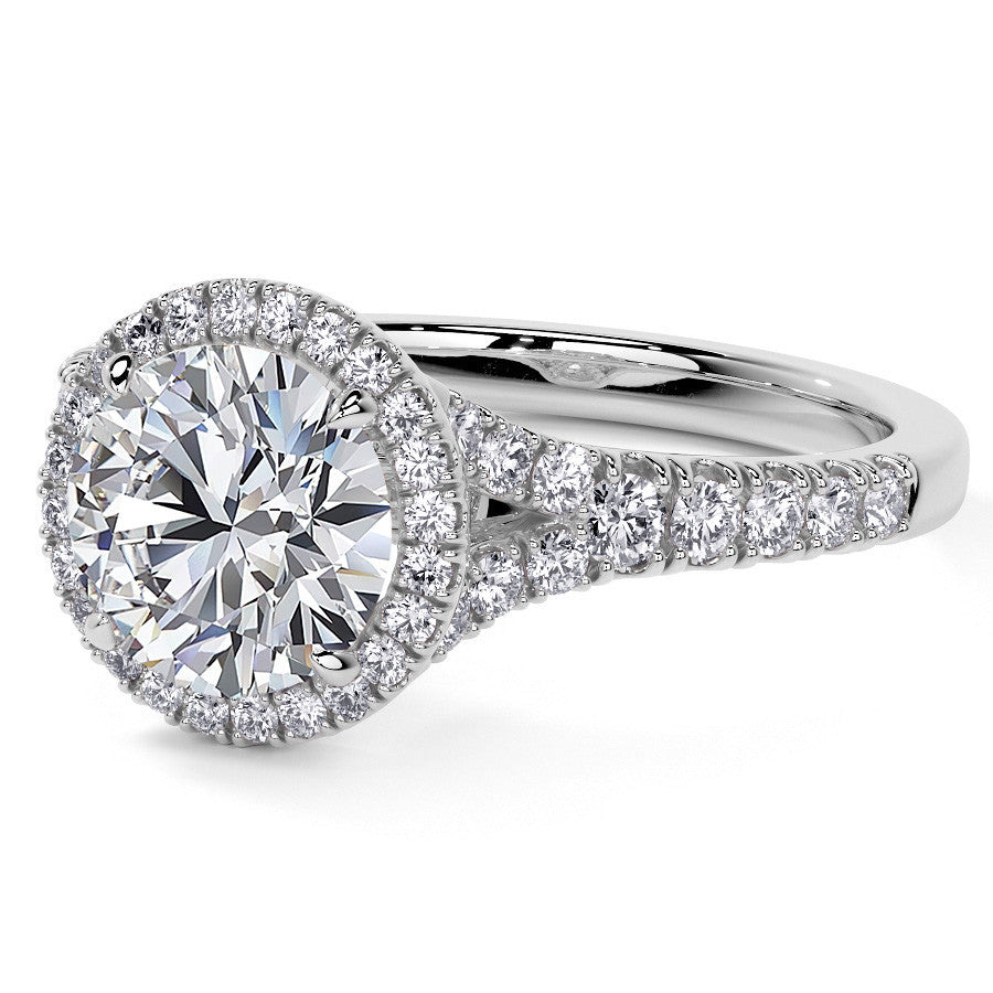 Round Brilliant Moissanite Split Shank Halo Engagement Ring