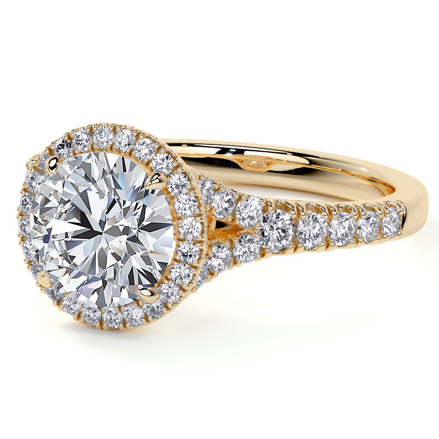 Round Brilliant Moissanite Split Shank Halo Engagement Ring