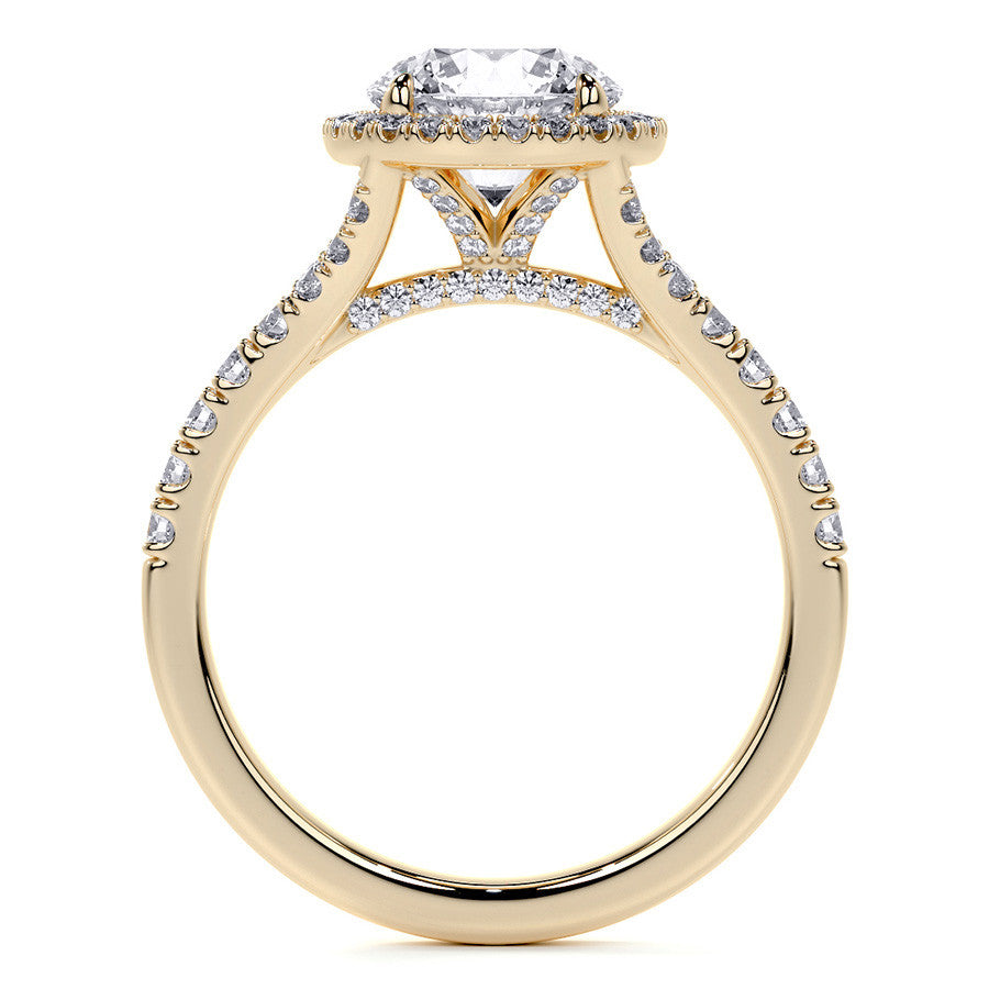 Round Brilliant Moissanite Split Shank Halo Engagement Ring