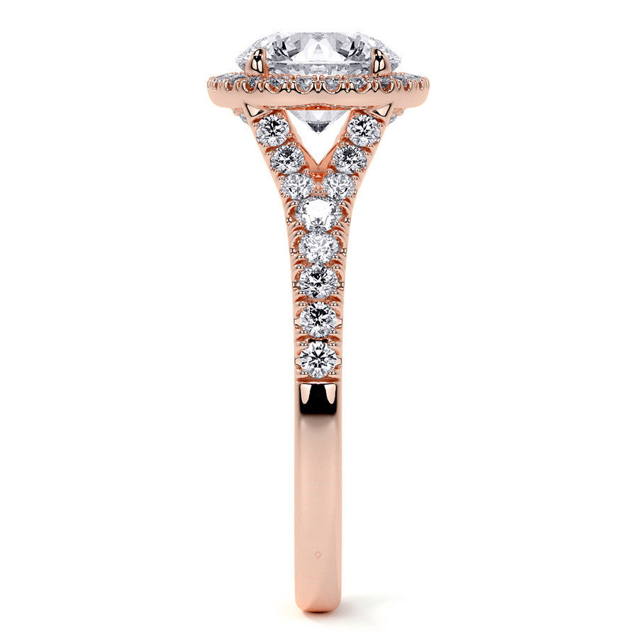 Round Brilliant Moissanite Split Shank Halo Engagement Ring