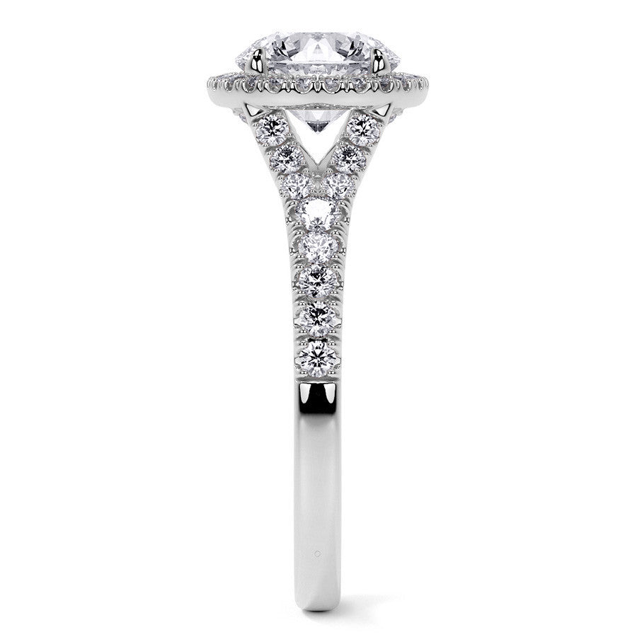 Round Brilliant Moissanite Split Shank Halo Engagement Ring