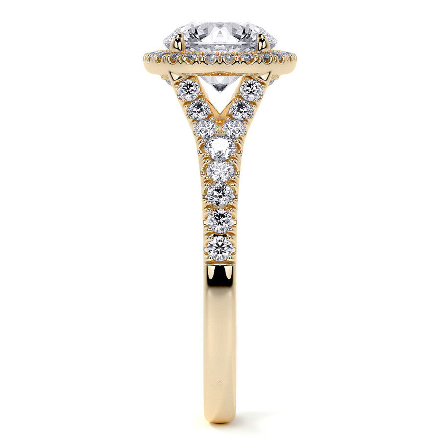 Round Brilliant Moissanite Split Shank Halo Engagement Ring