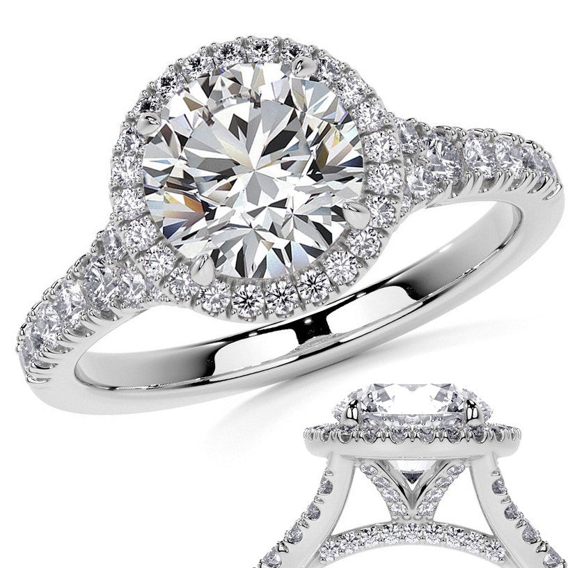 Round Brilliant Moissanite Split Shank Halo Engagement Ring