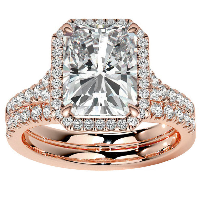 Emerald / Radiant Moissanite Split Shank Halo Engagement Ring