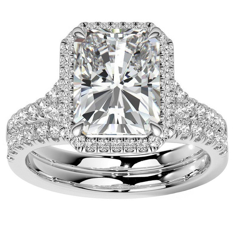 Emerald / Radiant Moissanite Split Shank Halo Engagement Ring