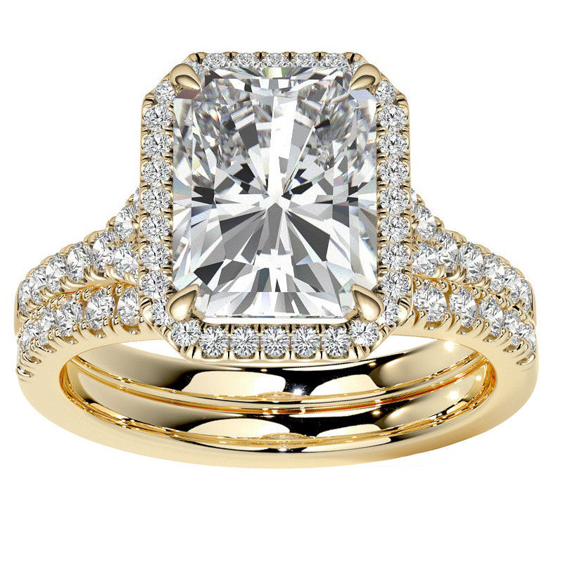 Emerald / Radiant Moissanite Split Shank Halo Engagement Ring