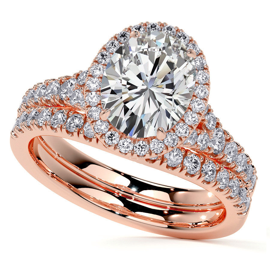 Oval Moissanite Split Shank Halo Engagement Ring