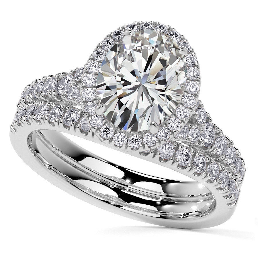 Oval Moissanite Split Shank Halo Engagement Ring