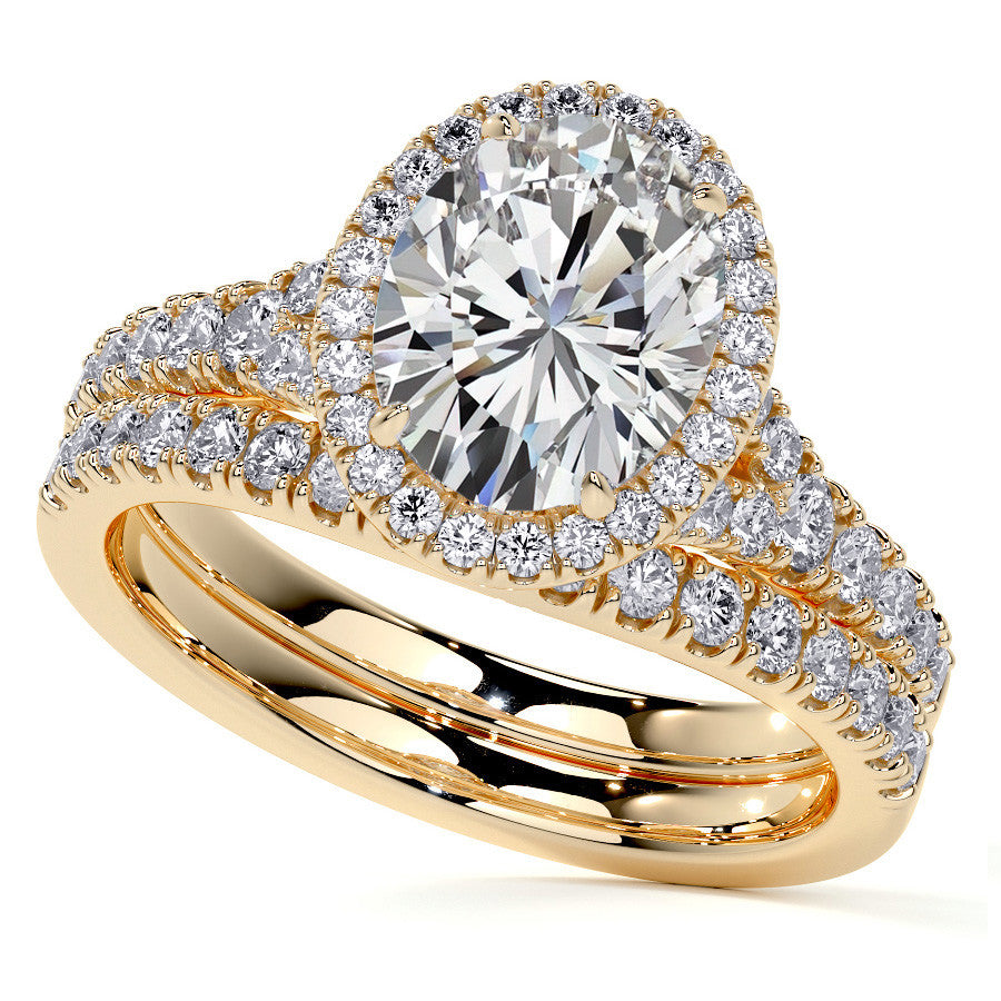 Oval Moissanite Split Shank Halo Engagement Ring