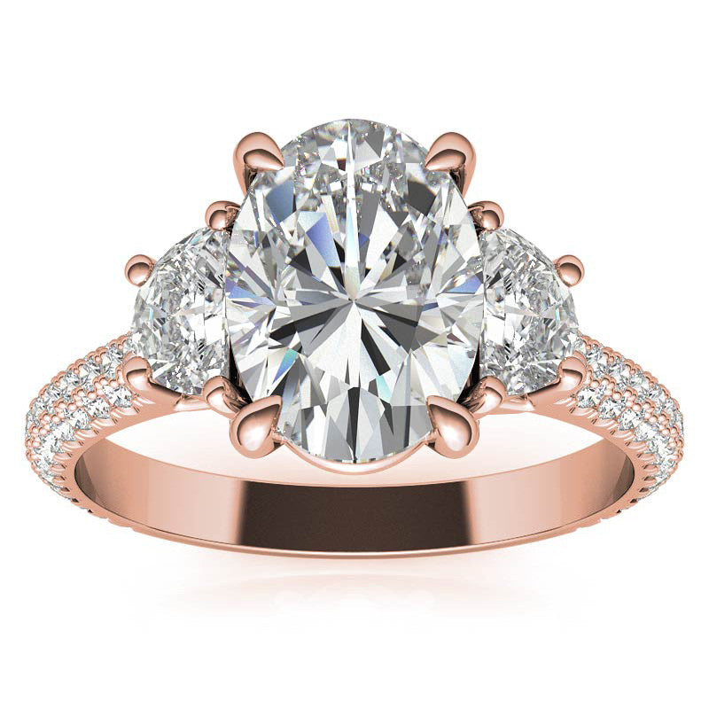 Oval and Half Moon Moissanite Pave Engagement Ring