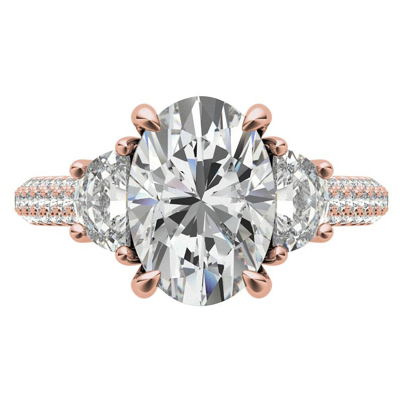 Oval and Half Moon Moissanite Pave Engagement Ring