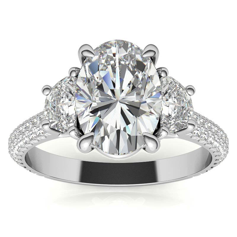 Oval and Half Moon Moissanite Pave Engagement Ring