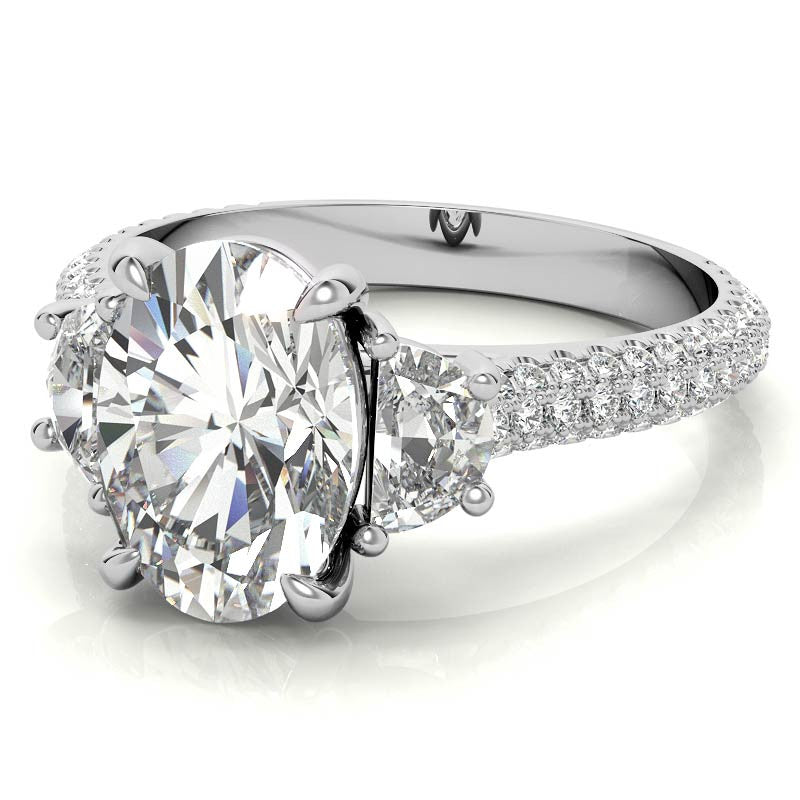 Oval and Half Moon Moissanite Pave Engagement Ring