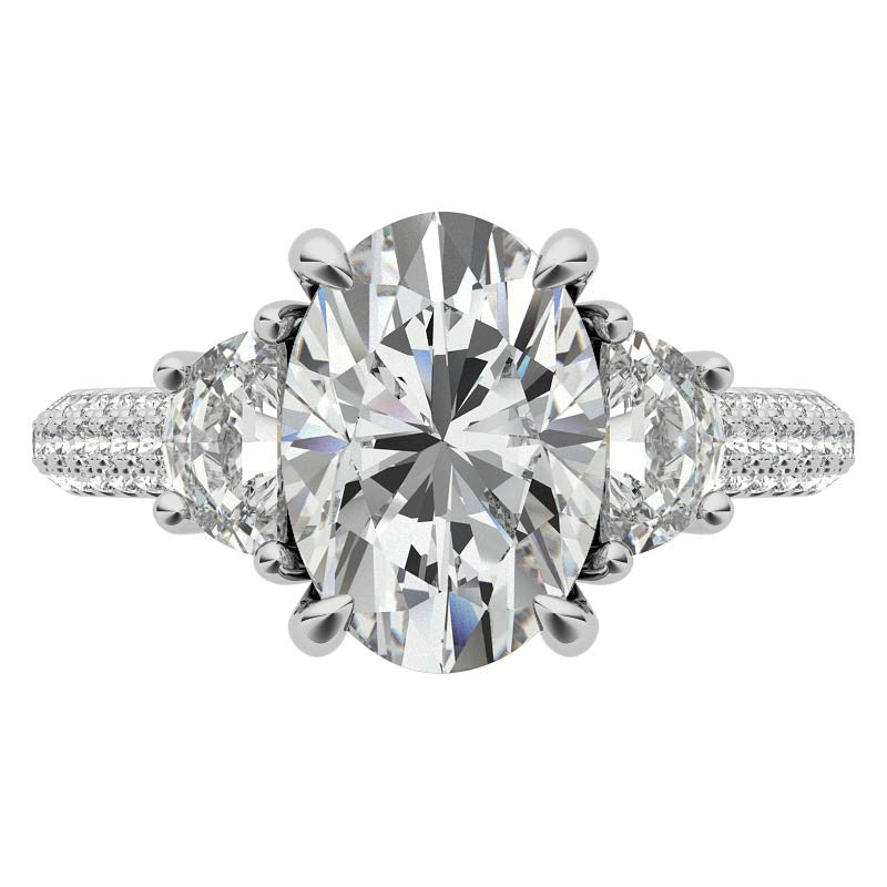 Oval and Half Moon Moissanite Pave Engagement Ring