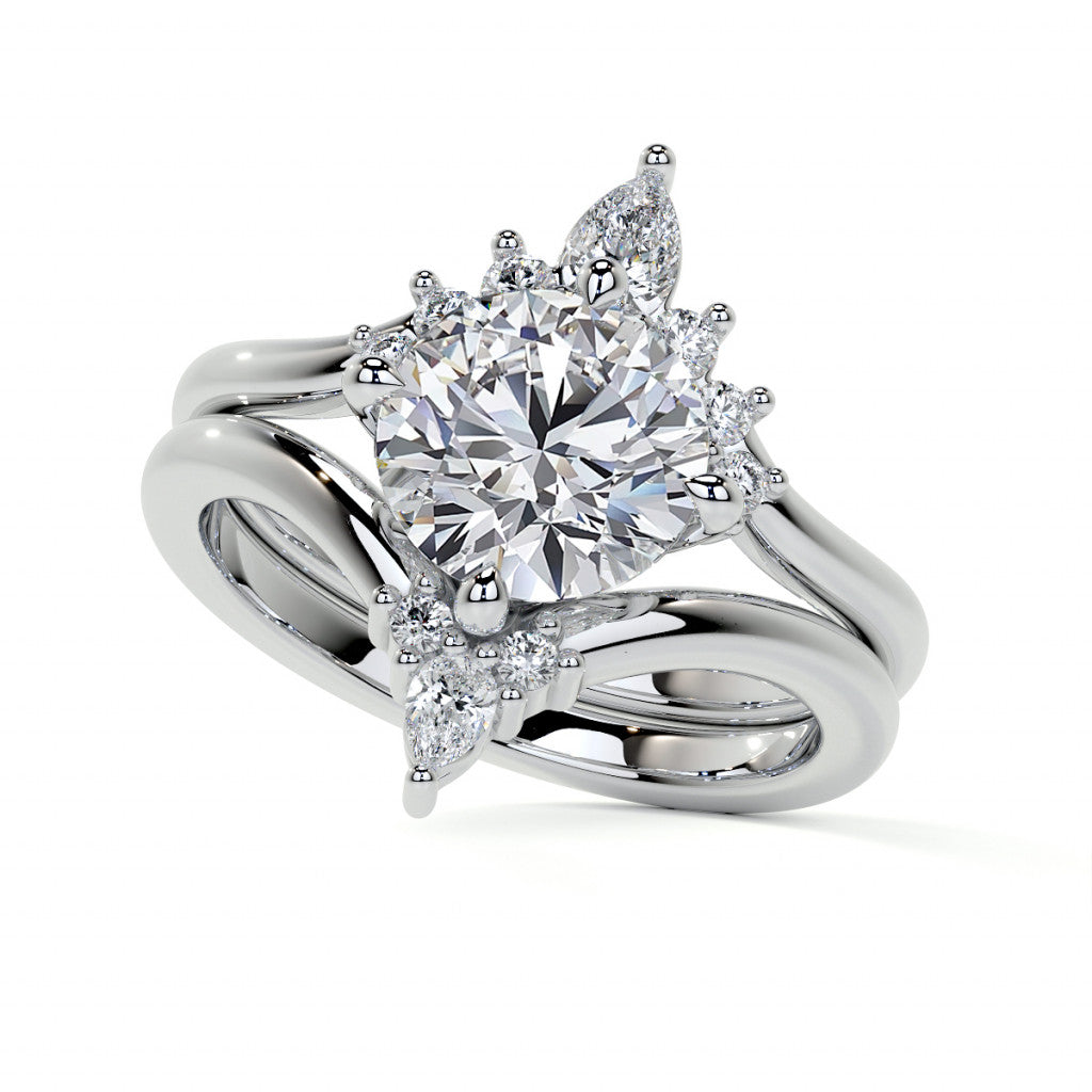 Chevron Shaped Accented Round Brilliant Moissanite Engagement Ring