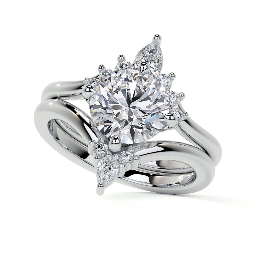 Chevron Shaped Accented Round Brilliant Moissanite Engagement Ring