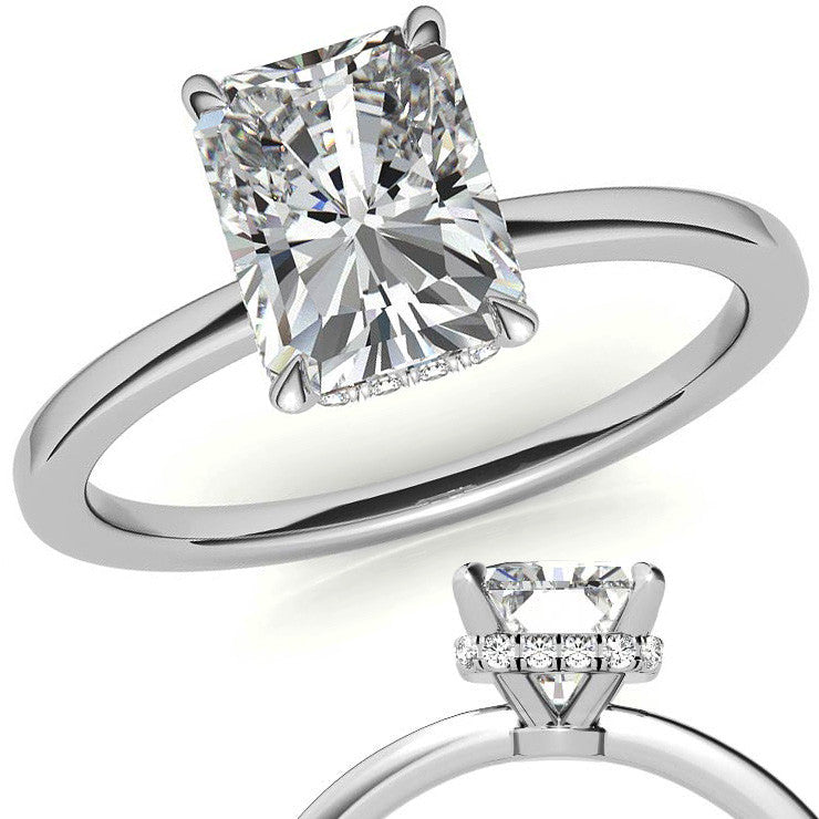 Diamond Collar 4-Prong Emerald / Radiant Moissanite Engagement Ring