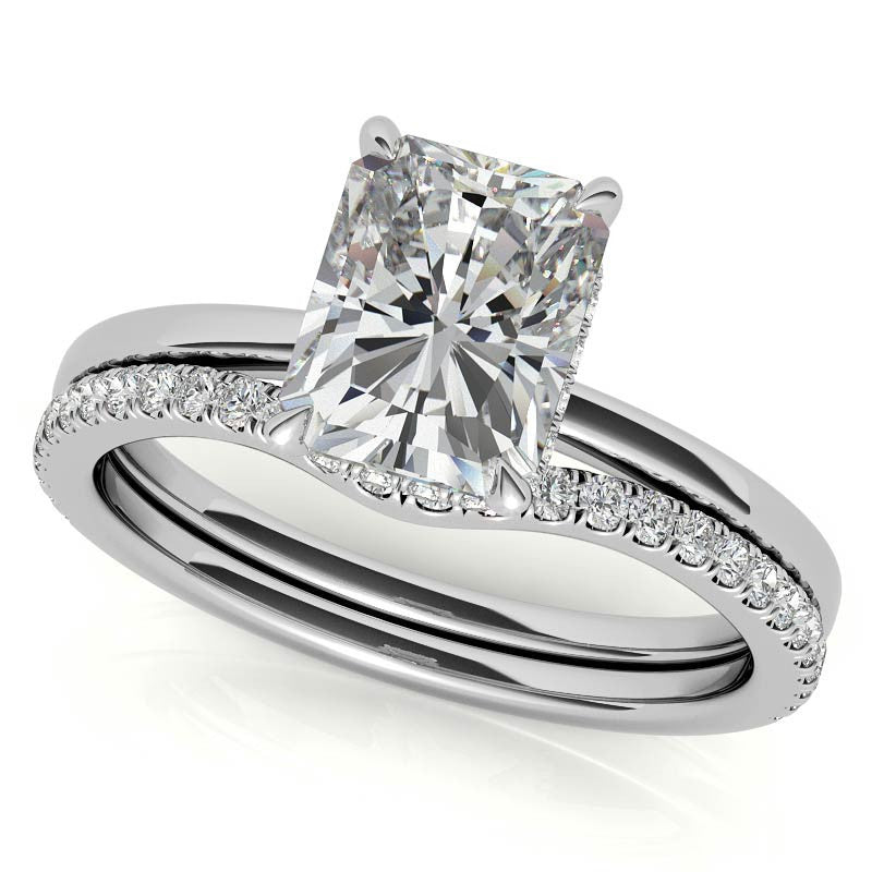 Diamond Collar 4-Prong Emerald / Radiant Moissanite Engagement Ring