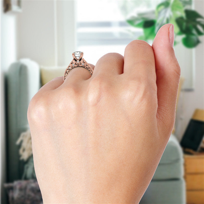 Double Prong Round Floral Moissanite Engagement Ring