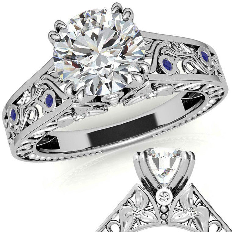 Double Prong Round Floral Moissanite Engagement Ring