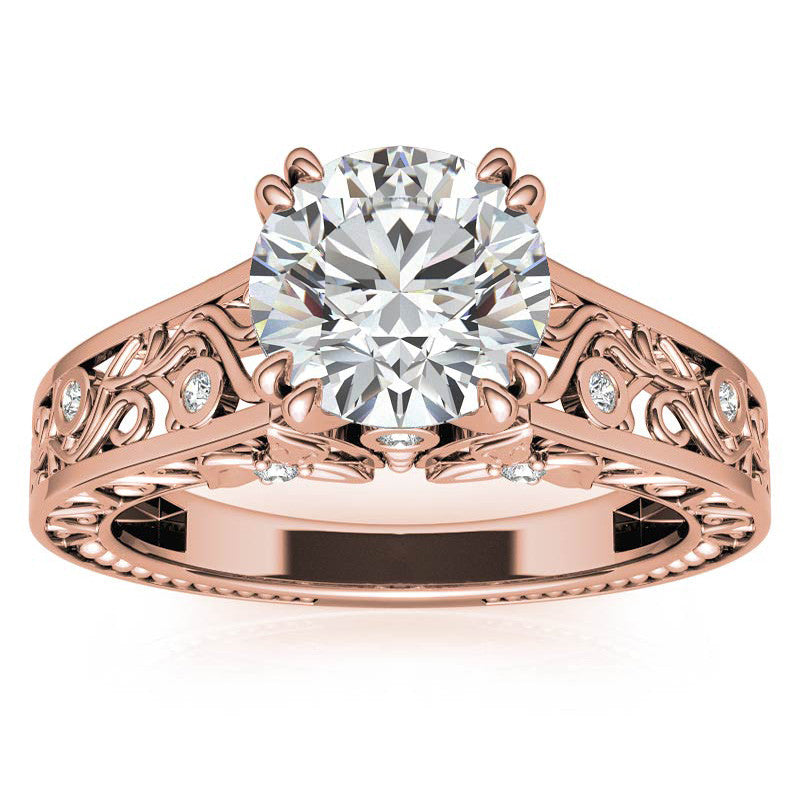 Double Prong Round Floral Moissanite Engagement Ring