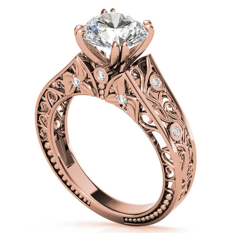 Double Prong Round Floral Moissanite Engagement Ring
