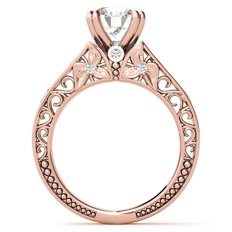 Double Prong Round Floral Moissanite Engagement Ring