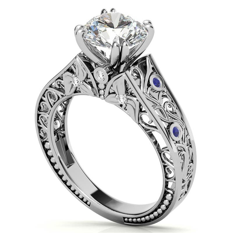 Double Prong Round Floral Moissanite Engagement Ring