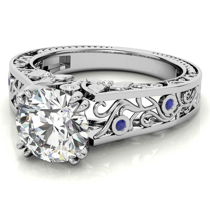 Double Prong Round Floral Moissanite Engagement Ring