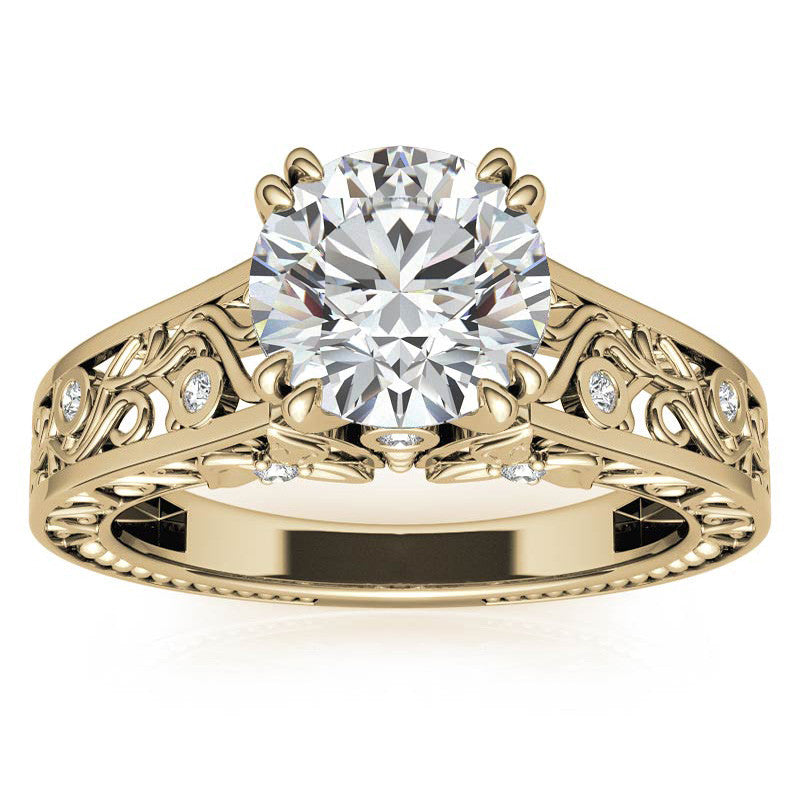 Double Prong Round Floral Moissanite Engagement Ring