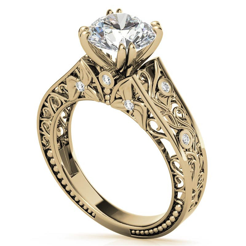 Double Prong Round Floral Moissanite Engagement Ring