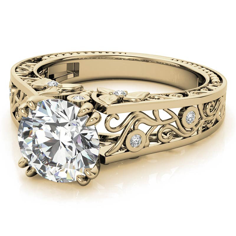 Double Prong Round Floral Moissanite Engagement Ring
