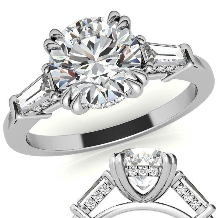 Round and Baguette Cathedral Moissanite Engagement Ring with Hidden Halo