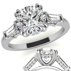 Round and Baguette Cathedral Moissanite Engagement Ring with Hidden Halo