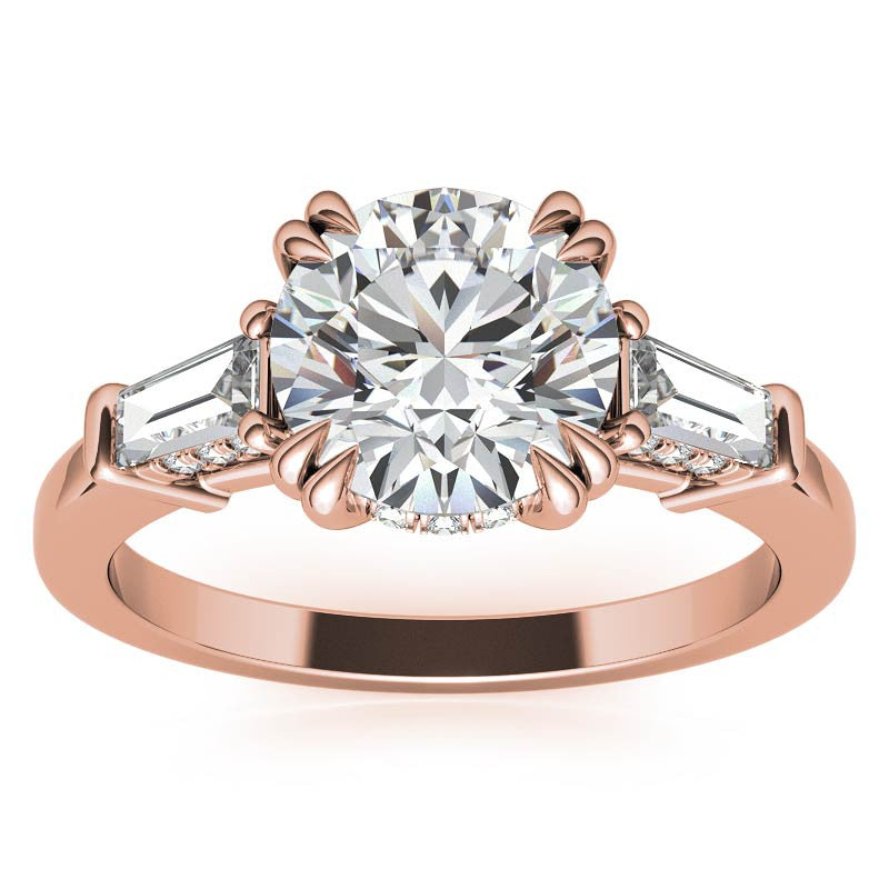 Round and Baguette Cathedral Moissanite Engagement Ring with Hidden Halo