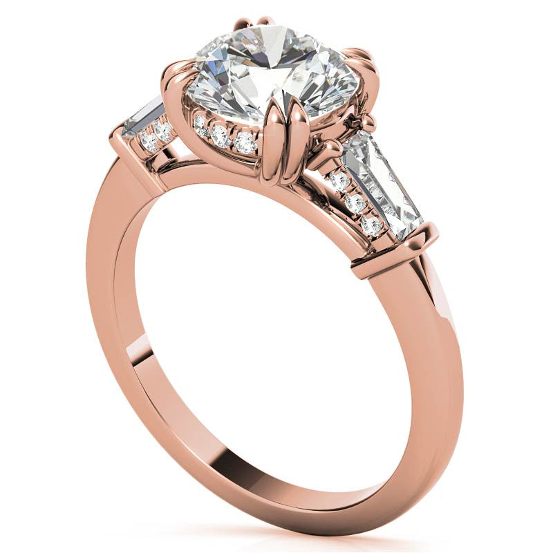 Round and Baguette Cathedral Moissanite Engagement Ring with Hidden Halo