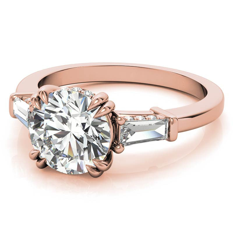 Round and Baguette Cathedral Moissanite Engagement Ring with Hidden Halo