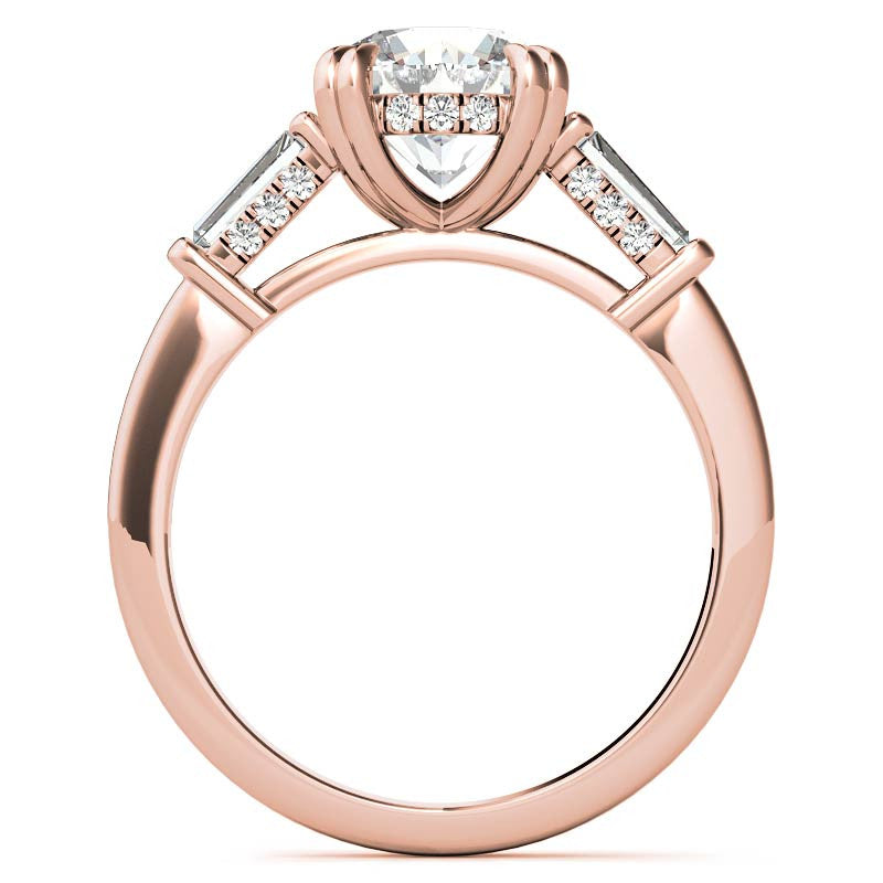 Round and Baguette Cathedral Moissanite Engagement Ring with Hidden Halo