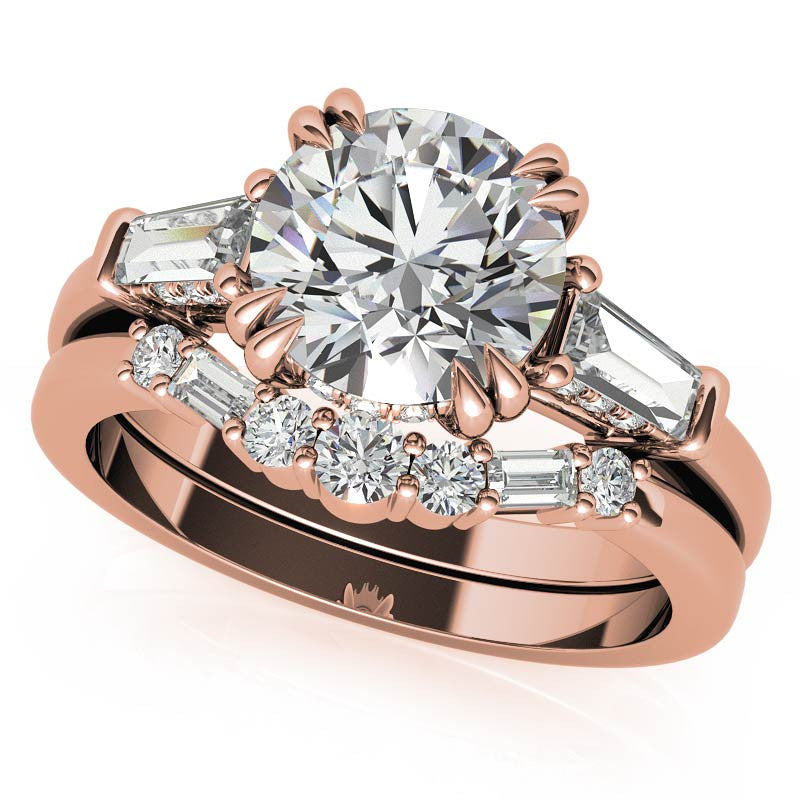 Round and Baguette Cathedral Moissanite Engagement Ring with Hidden Halo