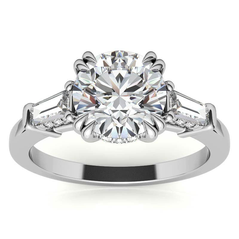 Round and Baguette Cathedral Moissanite Engagement Ring with Hidden Halo