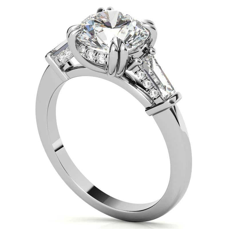 Round and Baguette Cathedral Moissanite Engagement Ring with Hidden Halo