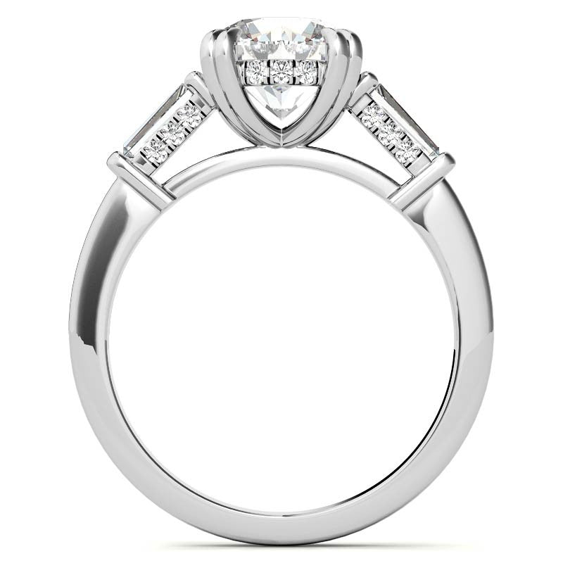 Round and Baguette Cathedral Moissanite Engagement Ring with Hidden Halo