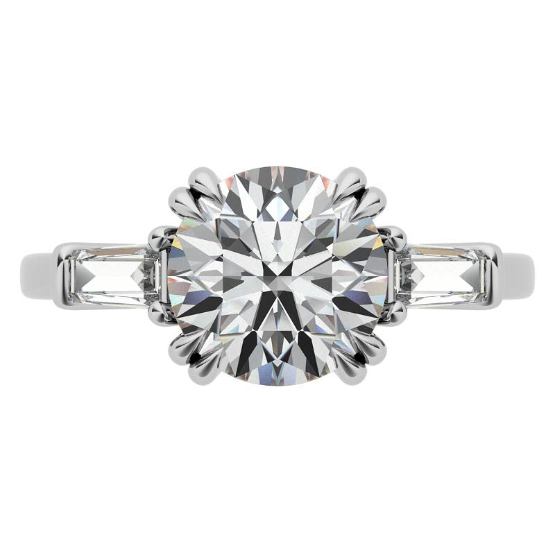 Round and Baguette Cathedral Moissanite Engagement Ring with Hidden Halo