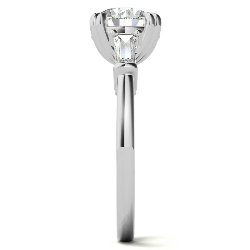 Round and Baguette Cathedral Moissanite Engagement Ring with Hidden Halo
