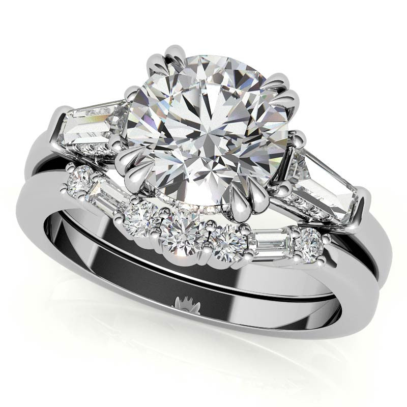 Round and Baguette Cathedral Moissanite Engagement Ring with Hidden Halo