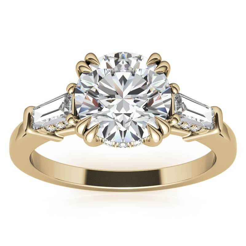 Round and Baguette Cathedral Moissanite Engagement Ring with Hidden Halo