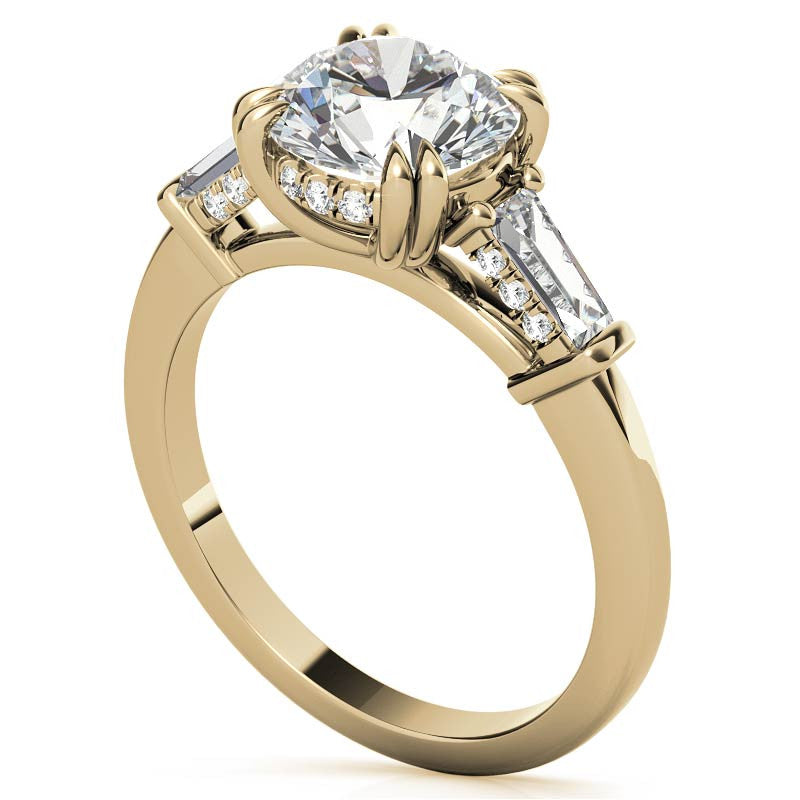 Round and Baguette Cathedral Moissanite Engagement Ring with Hidden Halo