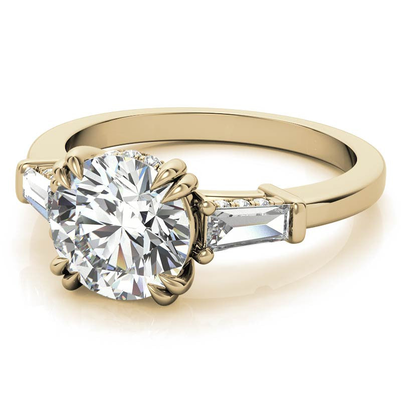 Round and Baguette Cathedral Moissanite Engagement Ring with Hidden Halo